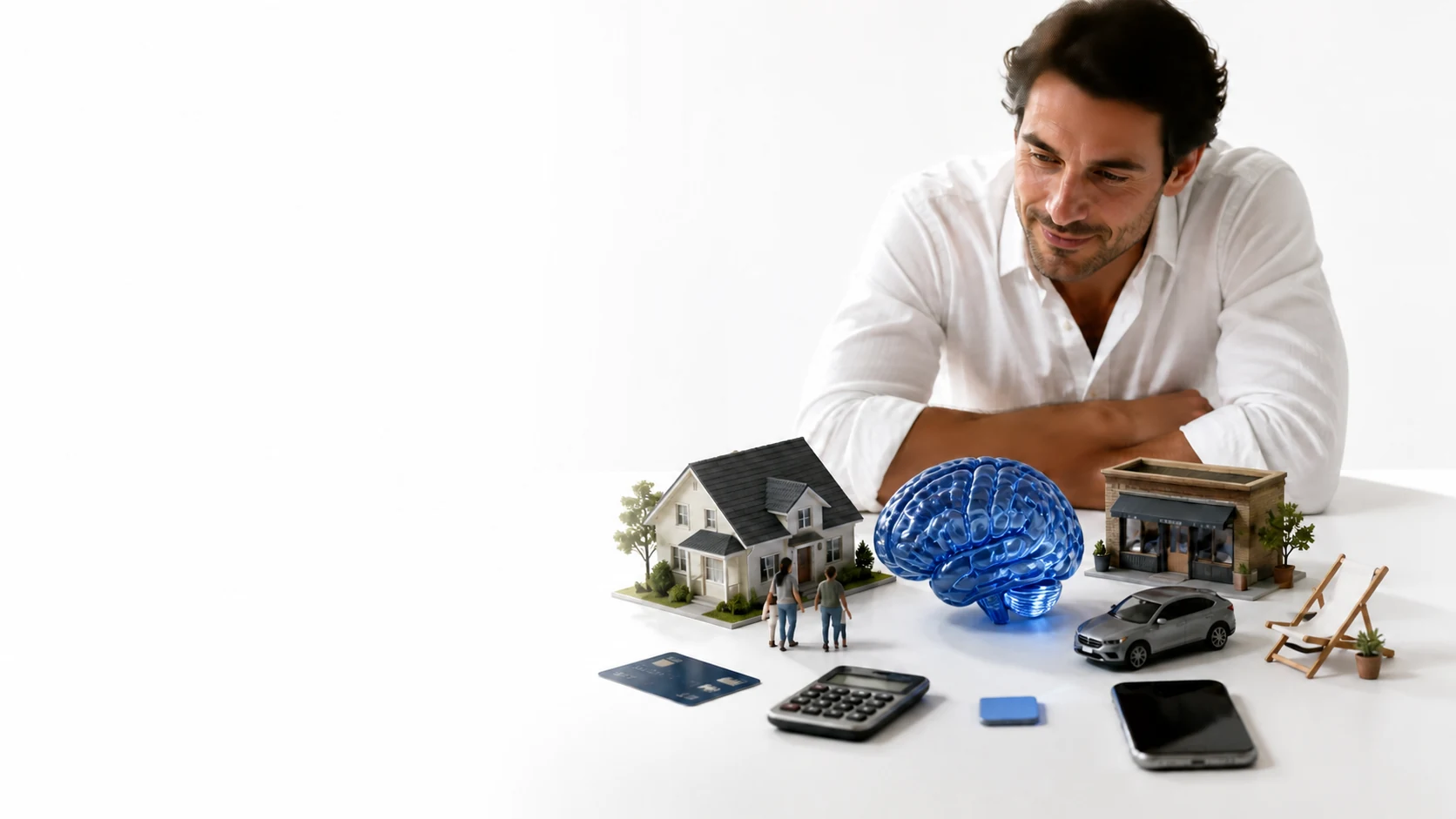 A person looking at a miniature home, family, business, car, and future arranged around a glass brain