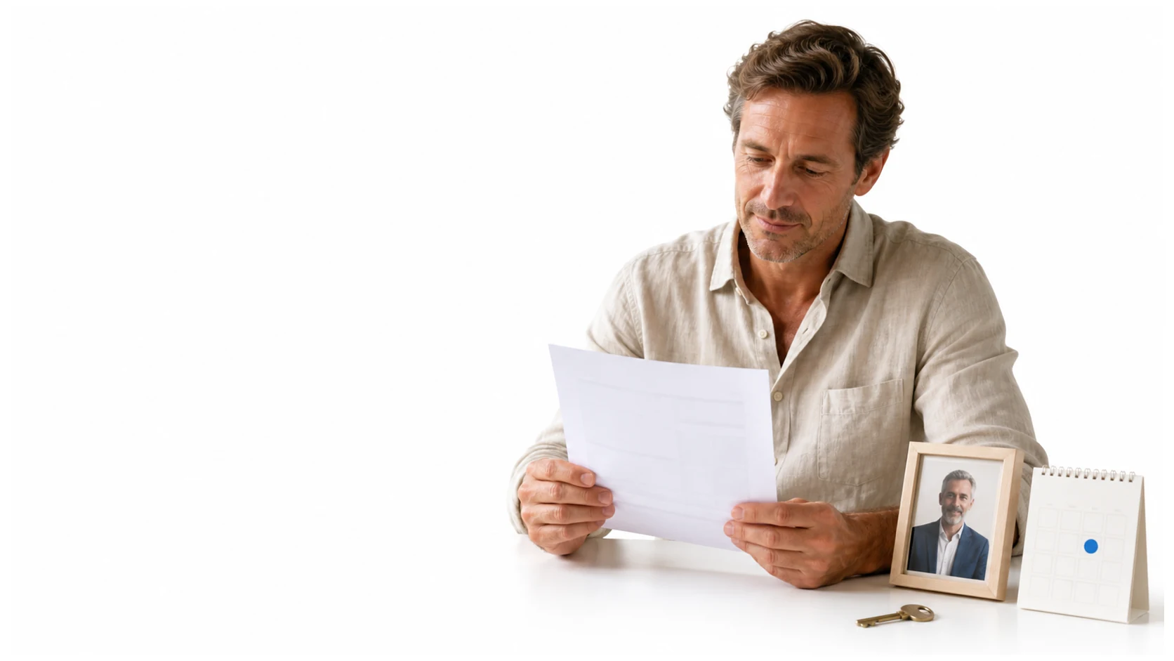 A person reviews a financial document beside a family photo, key, and marked calendar.