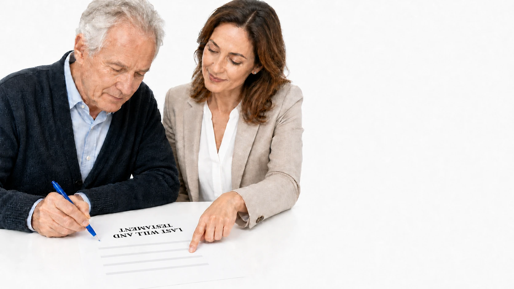 An older man and a woman update a last will and testament together.